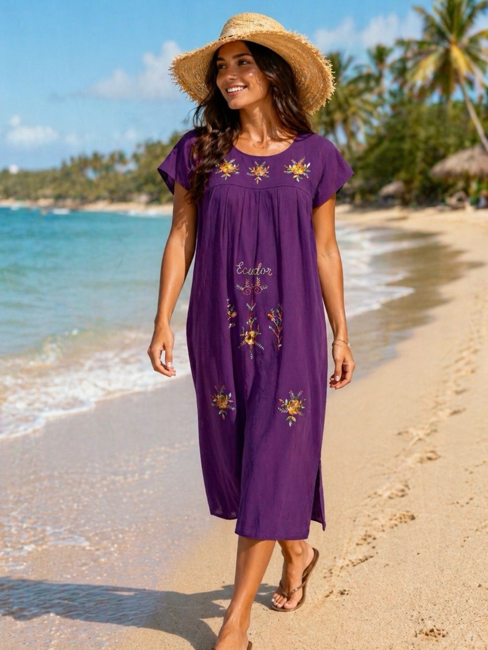 Embroidered Ecuador Floral Purple Beach Cottage Midi Dress